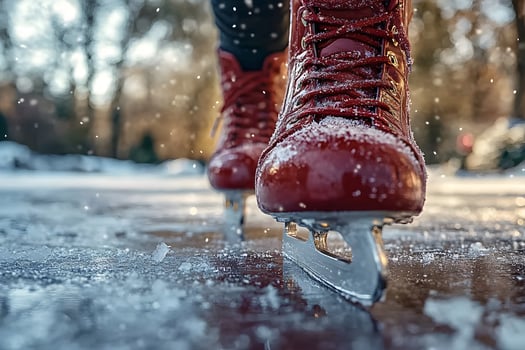 Winter Recreation Close-Up of Red Ice Skates on Frozen Lake Surface photo