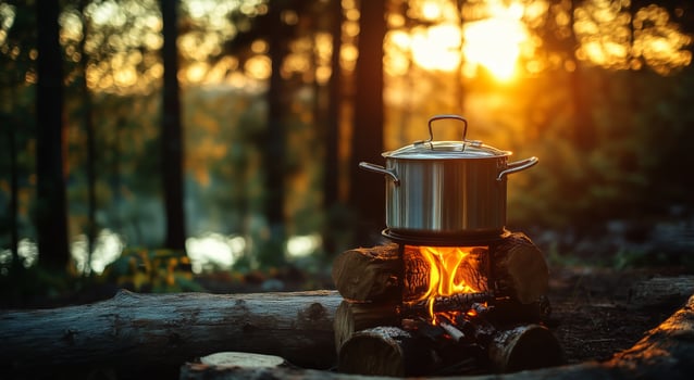 A pot on a campfire in the woods photo