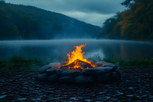 Tranquil Autumn Evening Campfire by Misty Lake in Scenic Mountain Landscape photo