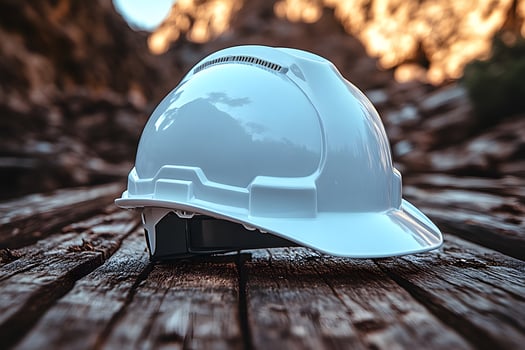 Construction Safety White Hard Hat on Rustic Wooden Surface photo