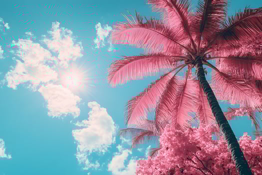 Surreal Tropical Paradise with Pink Palm Trees Against Blue Sky photo