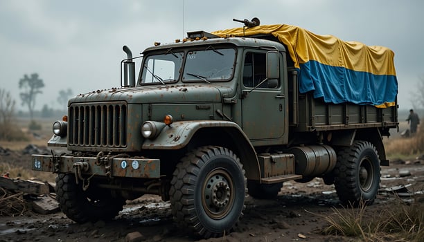 Rushed Military Truck with Ukrainian Flag, Muddy Terrain photo