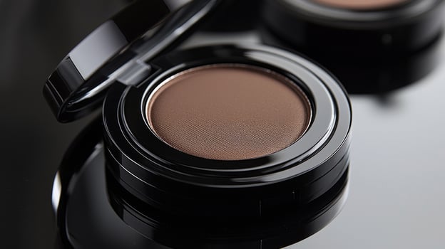 Close up view reveals deep brown face powder matte finish within its sleek compact case. rich pigment and velvety texture glimmer softly in light photo