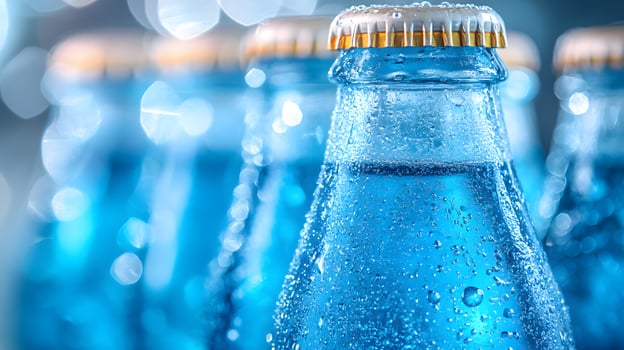 Blue glass soda bottles line up perfectly, displaying carbonated beverages with condensation drops, creating refreshing summer vibes against soft bokeh background. drinks photo