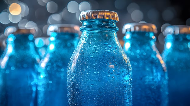 Blue glass soda bottles line up perfectly, displaying carbonated beverages with condensation drops, creating refreshing summer vibes against soft bokeh background. fizzy photo