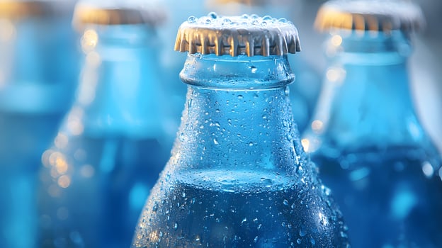Blue glass soda bottles line up perfectly, displaying carbonated beverages with condensation drops, creating refreshing summer vibes against soft bokeh background. summer photo