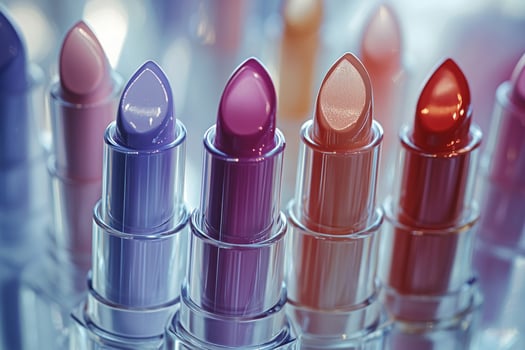 Pastel lipstick bullets in shades of baby pink lavender and peach are artfully arranged in semi circle against minimalist white background emphasizing contemporary beauty trends photo