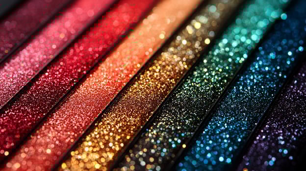 macro view reveals glitter eyeshadow palette filled striking shades of red green and gold photo
