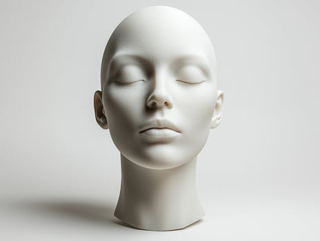 Bald silicone mannequin head is positioned upright against clean white background. Soft lighting enhances contours and details creating sleek modern aesthetic photo