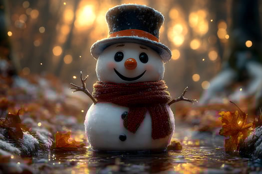 Joyful Snowman in Autumn Forest with Warm Light for Holiday Card Design photo