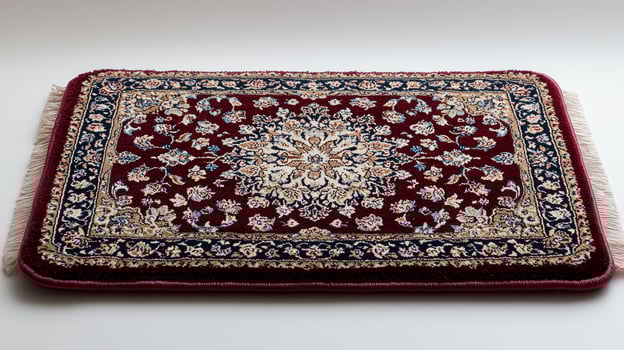 small Persian style bedside rug showcases stunning floral design in vibrant red and gold hues. Its intricate patterns are beautifully displayed against clean white background photo