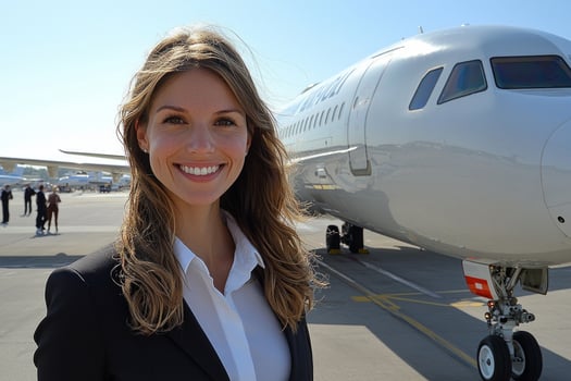 cheerful flight attendant stands outside aircraft on tarmac warmly greeting passengers bright smile clear blue sky creating professional and inviting atmosphere photo
