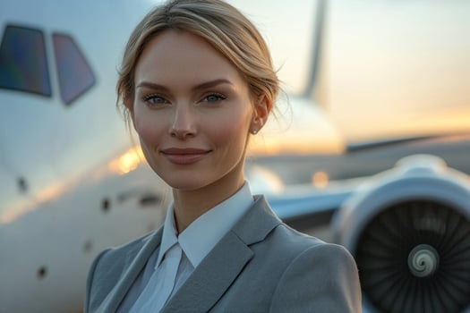 flight attendant stands outside aircraft on tarmac greeting passengers warm smile clear sky showcasing professionalism and warmth photo