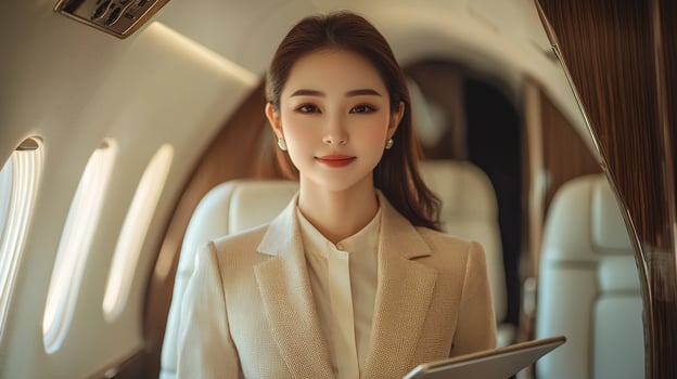Flight attendant stands confidently cockpit door presenting passenger list tablet while showcasing clean uniform and professional demeanor in bright lighting photo