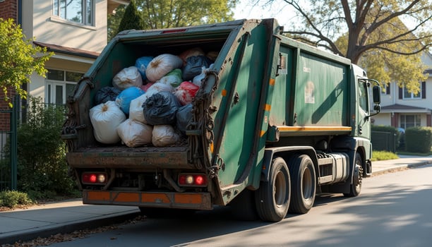 Green garbage truck is making garbage until it is full photo