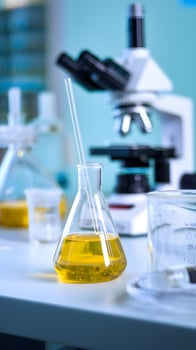 Flask with yellow liquid in a lab, with equipment blurred in the background. Vertical Mobile Wallpaper photo