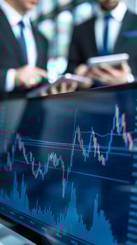 Close-up of fluctuating line graph on computer screen during a business meeting. Vertical Mobile Wallpaper photo