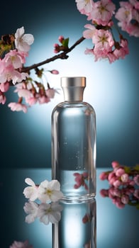 Transparent glass bottle with silver cap, surrounded by pink cherry blossoms and gradient blue. Vertical Mobile Wallpaper photo