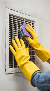 Gloved hands clean air vent, purple sponge emphasizes thoroughness and hygiene Vertical Mobile Wallpaper photo