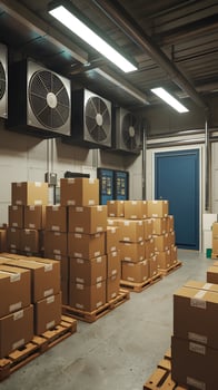 Industrial storage room with boxes, blue door, fans, and well lit interior Vertical Mobile Wallpaper photo