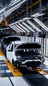 Car factory assembly lines reveal orderly production with vehicles in various stages Vertical Mobile Wallpaper photo