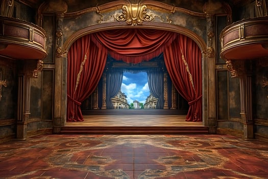 Red curtains opening on majestic cityscape in grand theater photo