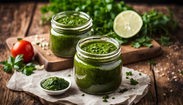 Green Chimichurri Sauce and ingredients on wooden background photo