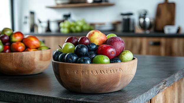 Assortment of Fresh Fruits in a Wooden Bowl photo