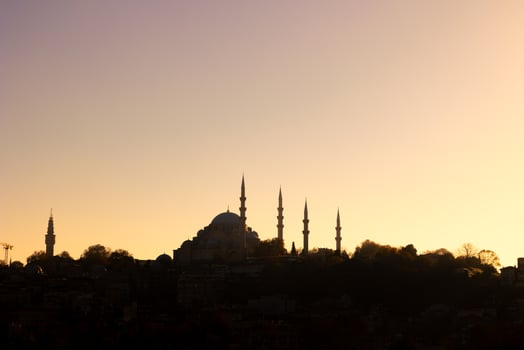 Suleymaniye Mosque view at sunset with copy space for text photo