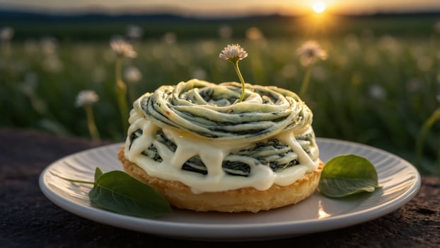 A creative dessert featuring spinach and a flower, set against a sunset backdrop. photo