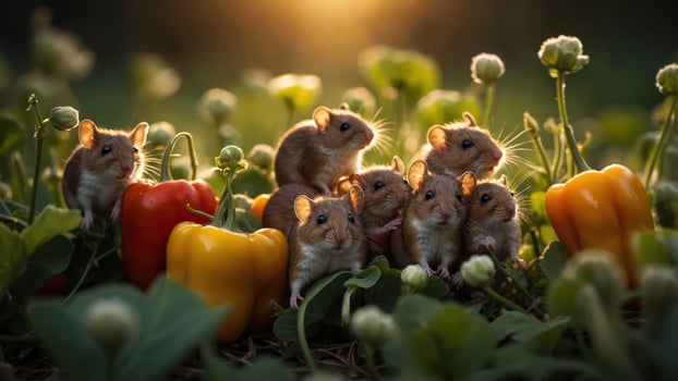 A group of adorable mice nestled among colorful peppers in a serene, sunlit garden. photo