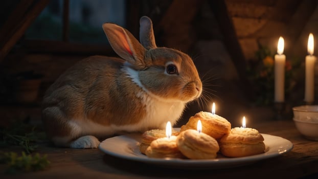 A rabbit beside a plate of pastries with candles, creating a cozy, warm atmosphere. photo