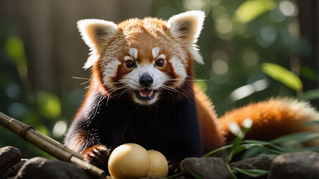 A red panda sitting with eggs, surrounded by greenery, showcasing wildlife and nature. photo