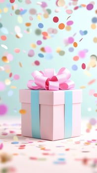 3d Pastel gift box valentine love tied with peach ribbon, adorned with backdrop. confetti against turquoise falling Vertical format photo