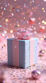 3d Pastel gift box valentine turquoise tied with peach ribbon, adorned with falling confetti against love background. Vertical format photo