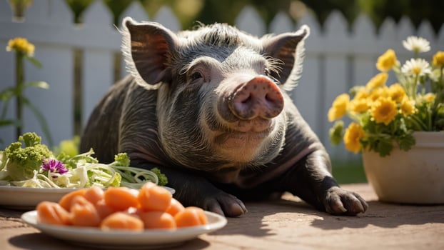 A relaxed pig enjoying a meal of vegetables in a sunny outdoor setting. photo