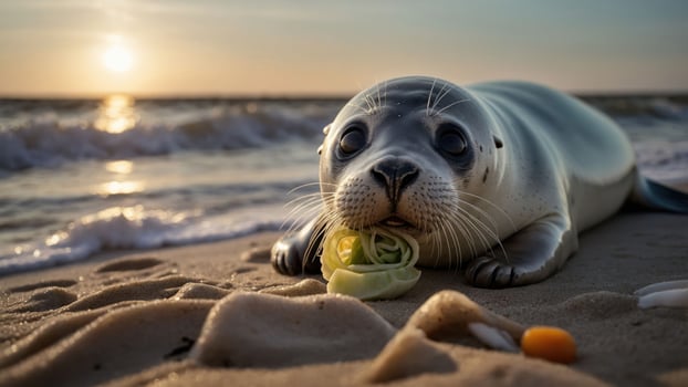 A seal resting on the beach, nibbling on lettuce as the sun sets over the water. photo