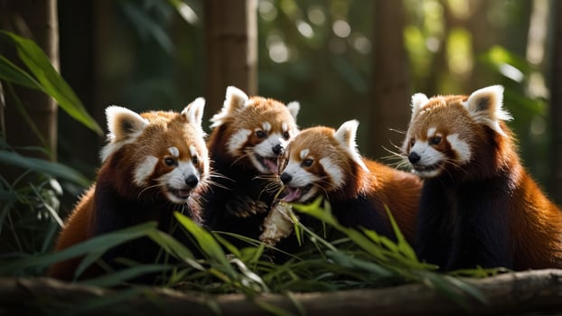 Four red pandas gathered together, enjoying a meal amidst bamboo in a serene environment. photo