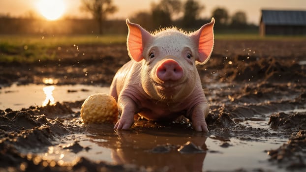 A playful piglet splashes in muddy water during sunset, showcasing joy in nature. photo