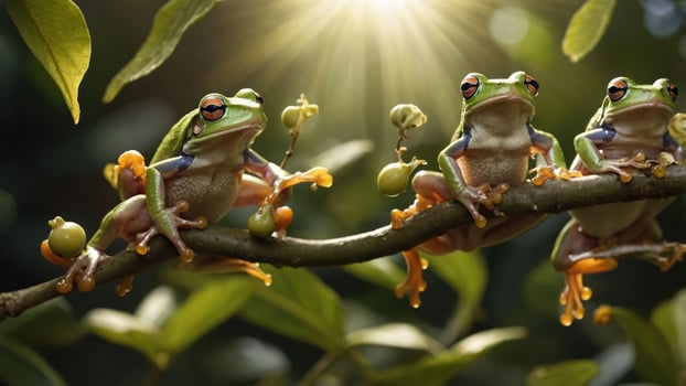 Three colorful frogs perched on a branch in a lush, sunlit environment. photo