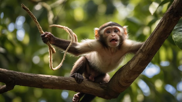 A playful monkey hanging on a branch, holding a piece of rope in a lush green environment. photo