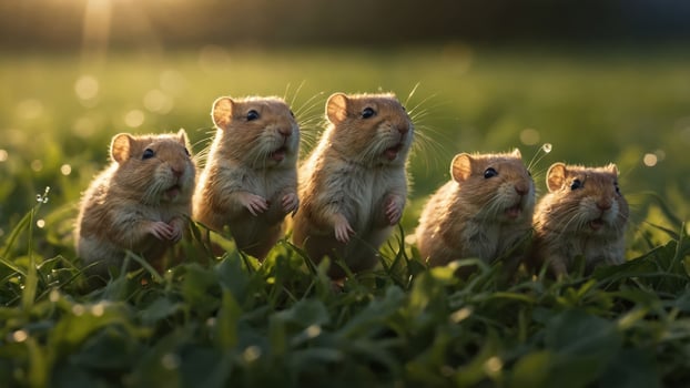 A group of five adorable hamsters standing on grass, enjoying the outdoors. photo