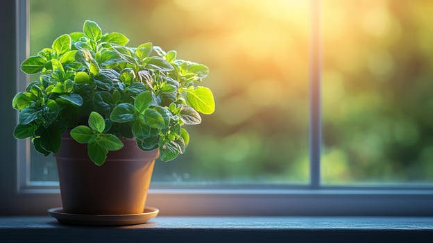 A potted plant sits on a window sill with sunlight shining through the window photo