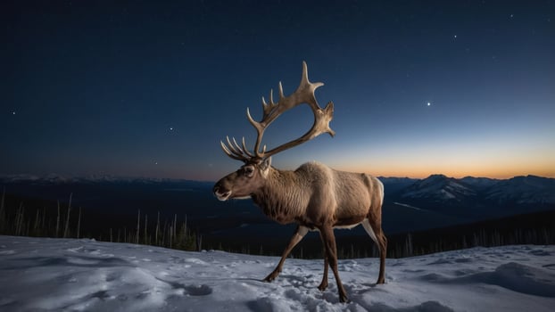 A majestic moose walks through a snowy landscape under a starry night sky. photo
