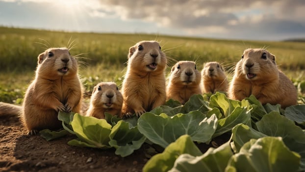 A group of prairie dogs gathered around leafy greens in a sunny field. photo