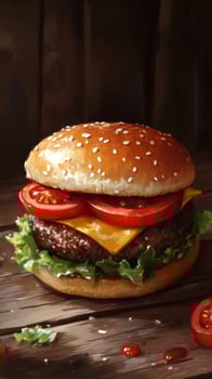 A painting of a hamburger with tomatoes and cheese photo