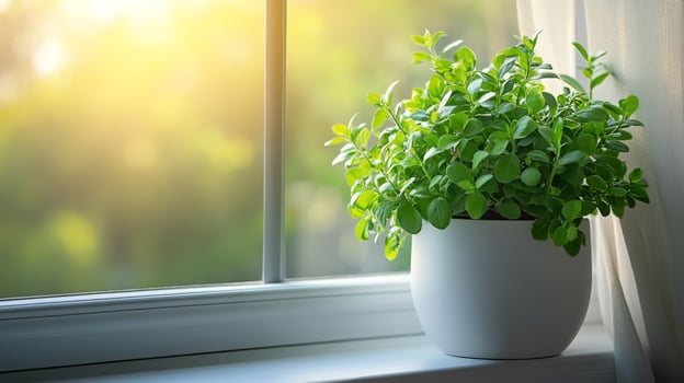 A plant in a white pot on a window sill photo