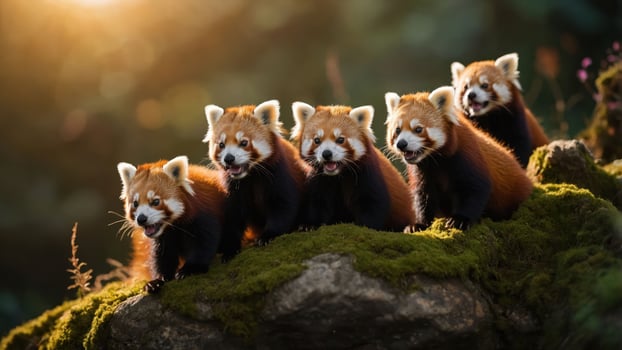 A group of five red pandas perched on moss-covered rocks in a serene, sunlit environment. photo