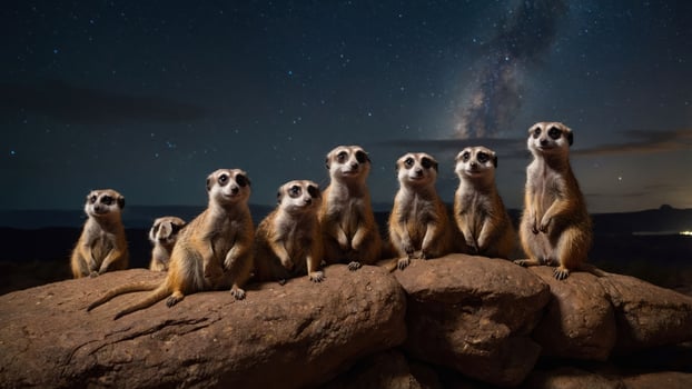 A group of meerkats perched on rocks under a starry sky. photo