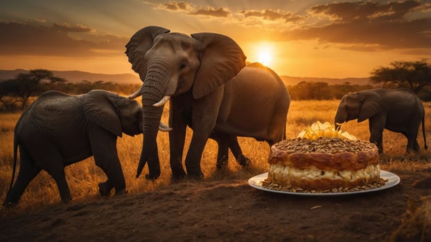 Elephants roam at sunset near a cake, blending nature with a whimsical dessert scene. photo